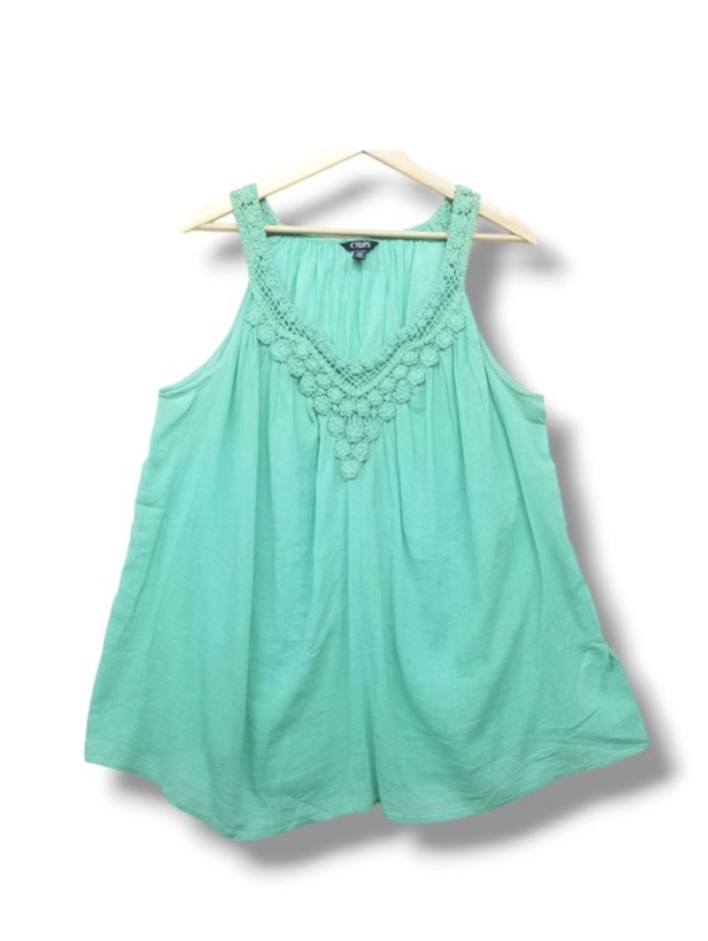 Chaps Crochet Accent Tank Top Womens 1X Plus Bright Teal Green Gauze Cotton‎